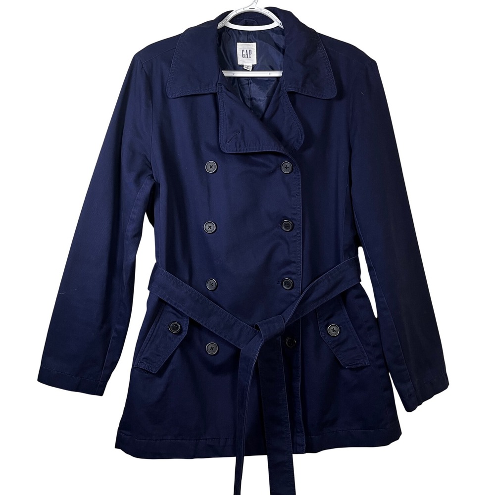 Gap Womens Classic Trench Coat M Navy Blue Double Breast Belted Dark Academia